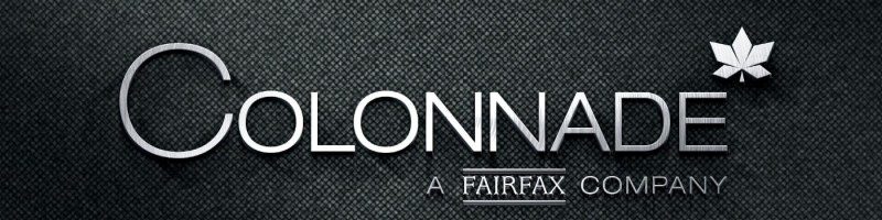 Fekete szövetmintás háttéren a Colonnade felirat, alatta a Fairfax Company szöveg és fehér logócsillag.